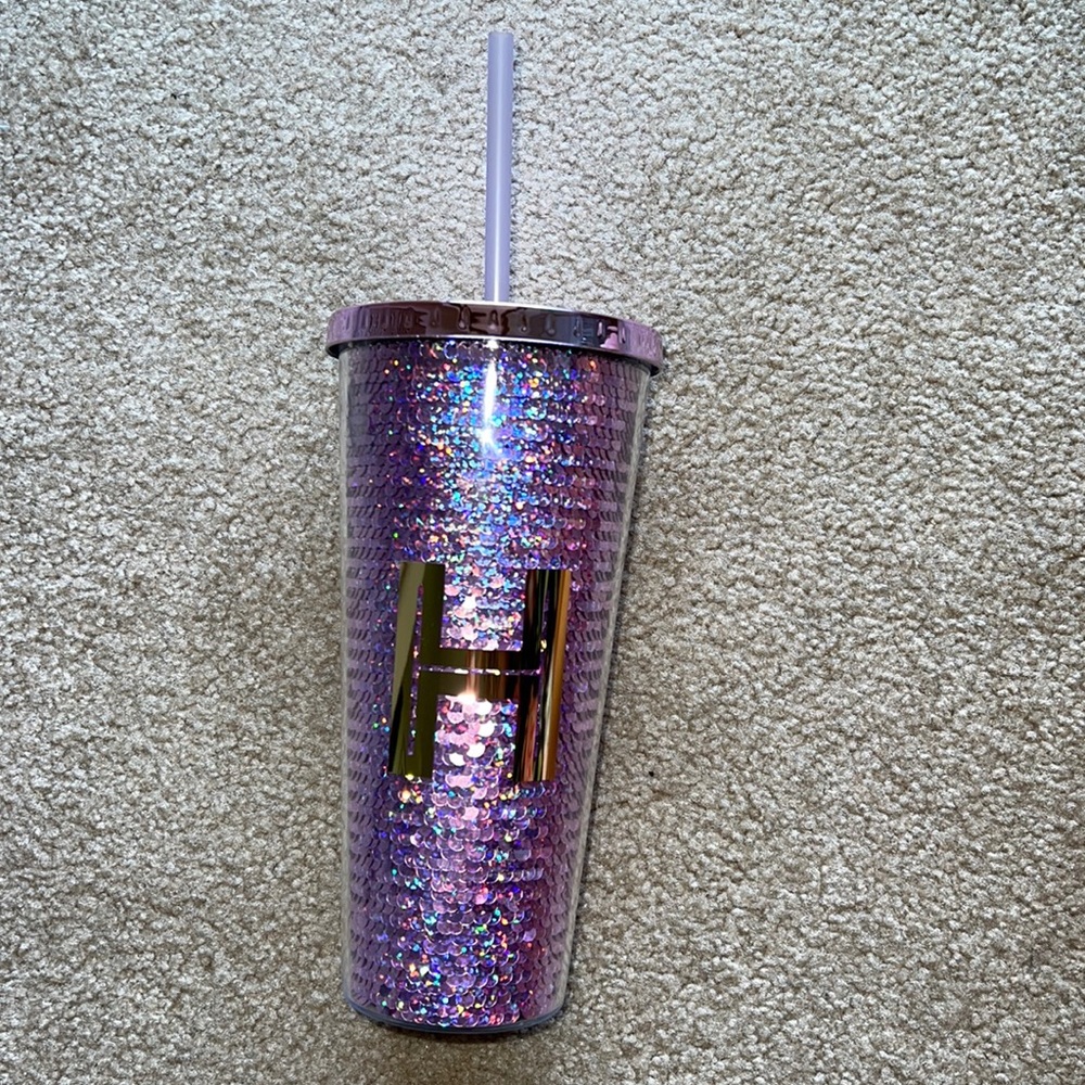 Plastic Reusable Cup with Lid and Straw - Purple Sequins and Sparkly Gold H